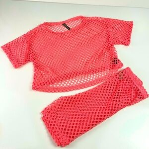Neon Hot Pink Fuschia Mesh Crop Top and Cropped Leggings Shorts Set Girls sz XXL